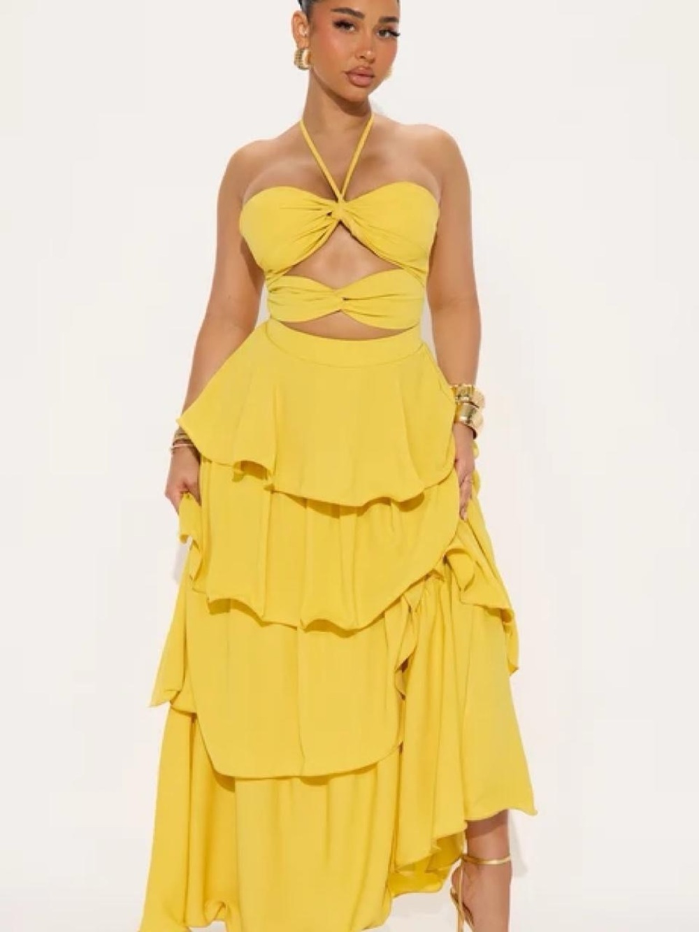 Fashion Nova Yellow Strapless Tie-Front Tiered Maxi Dress